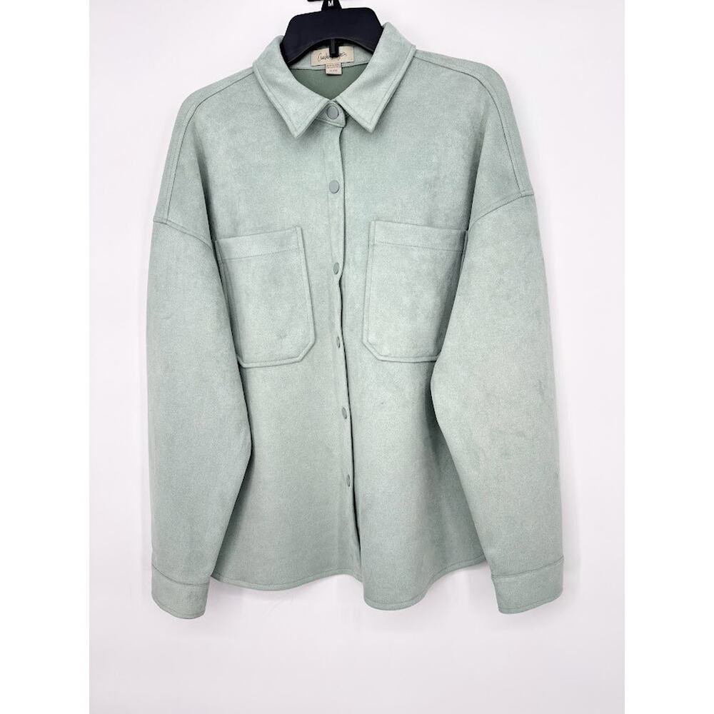 Charlie Paige Womens Top Size XL Faux Suede Button Front Shirt Jacket Sage Green